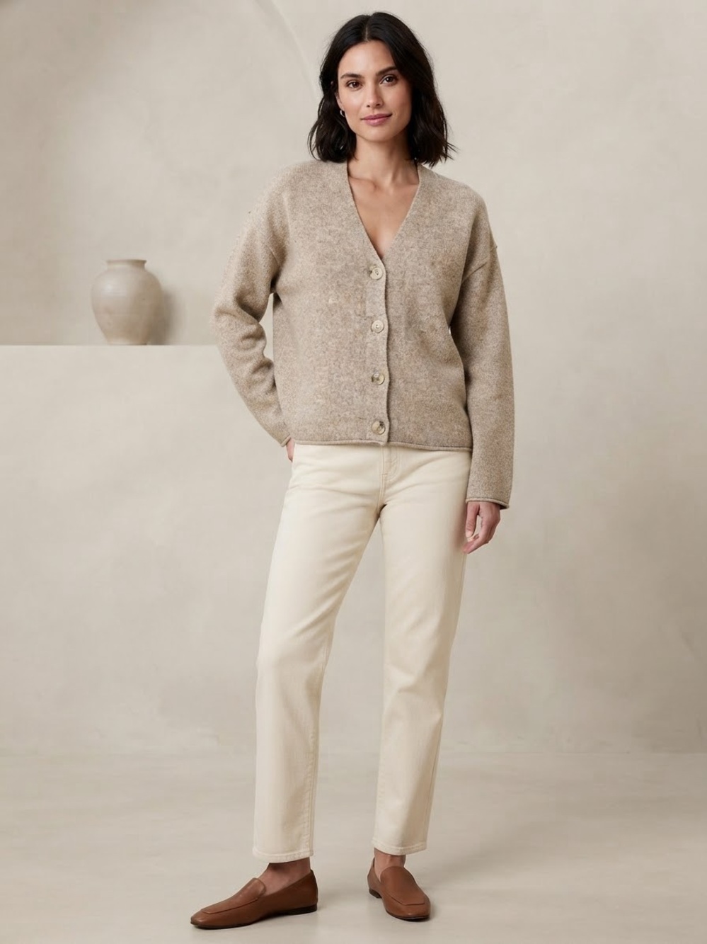 Cozy V-Neck Button Cardigan in Beige